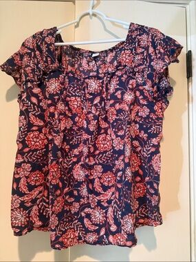 Old Navy Navy Blouse with Red Floral Print